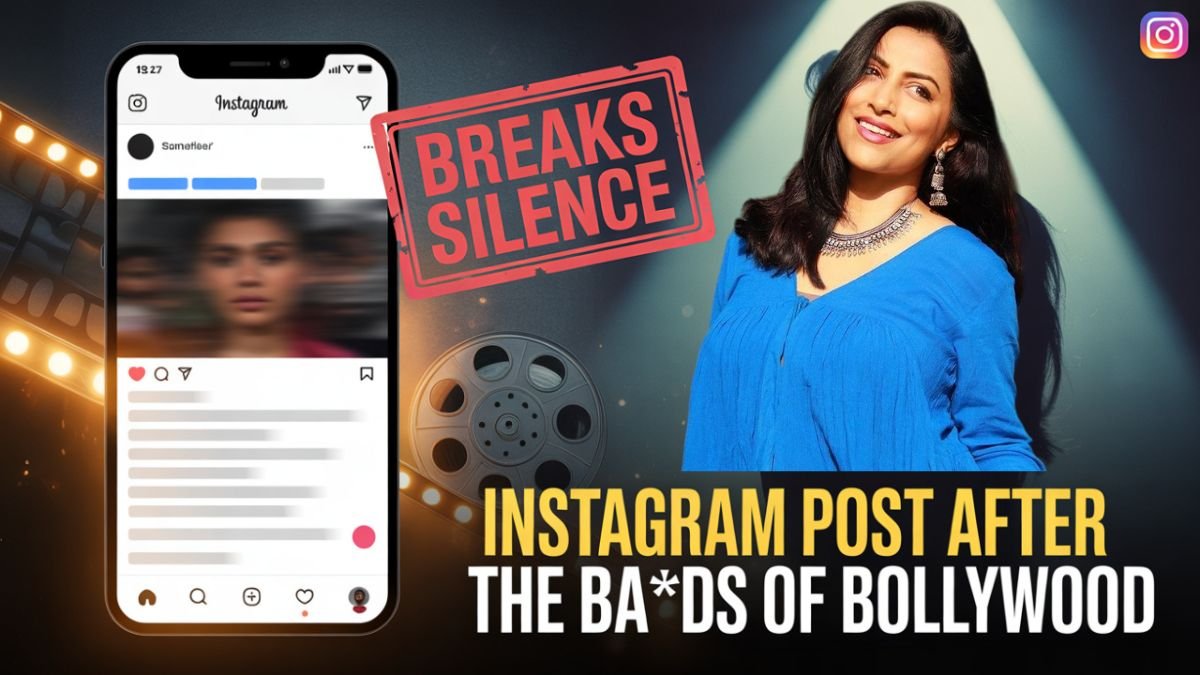 "Breaking news style thumbnail featuring a dramatic split background: on one side, a stylish Instagram interface with a highlighted post (blurred text for realism), and on the other side, a dark Bollywood cinema theme with glowing film reels. Place a bold red stamp text 'BREAKS SILENCE' across the center. Add a blurred silhouette of a woman (representing Sameer Wankhede’s wife) looking confident, with spotlight effect. Use bold fonts in yellow and white for the headline: Instagram Post After The Ba**ds of Bollywood. Add subtle glowing highlights to make it eye-catching."
